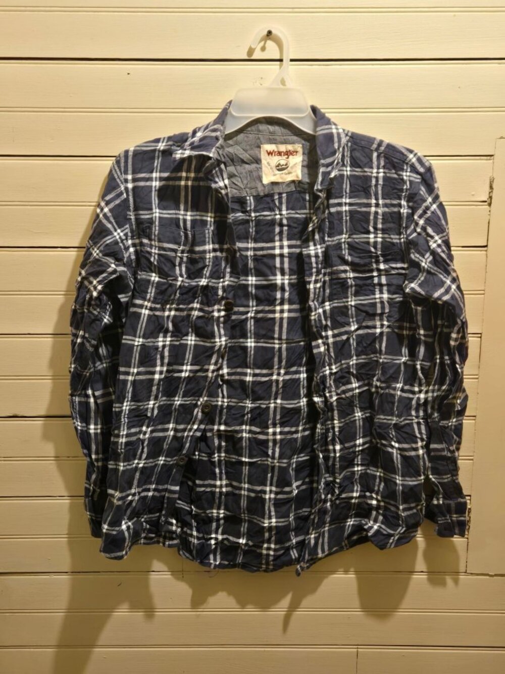Wrangler Shirt Mens M Navy White Plaid Long Sleeve Button Up Cotton Classic